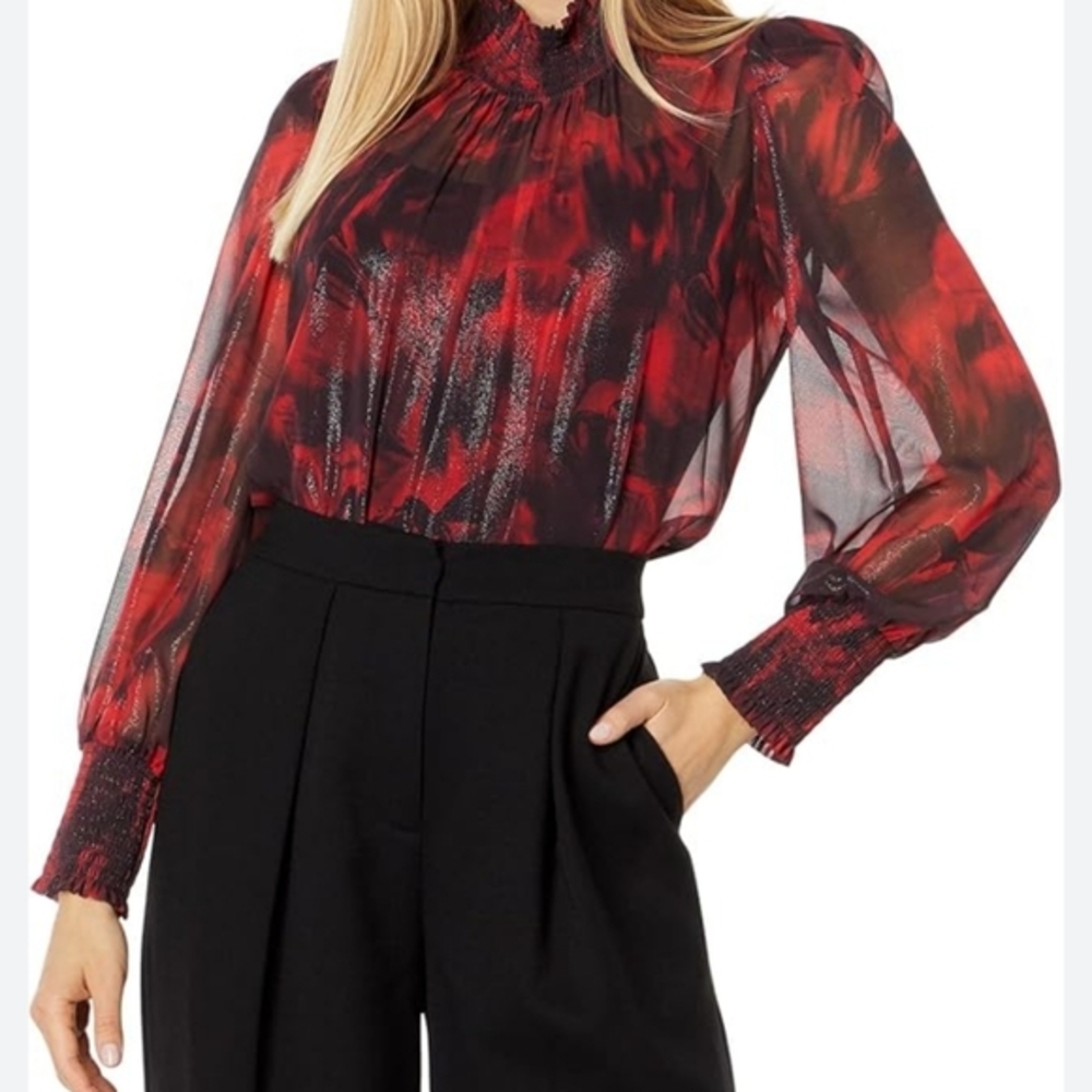 BCBGMAXAZRIA l Wine Red Luminescent Floral Sheer Metallic Blouse